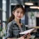 给力资源库学习内容编辑张慧敏，年轻女性，手持书本在明亮办公室中